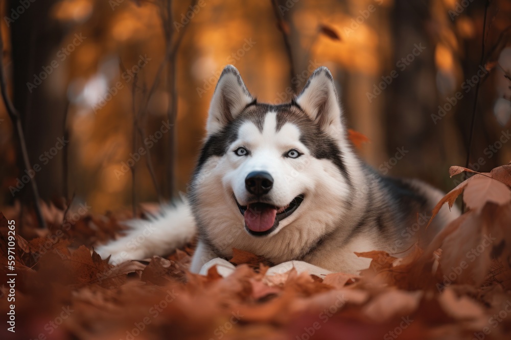 Conceptual portrait photography of a happy siberian husky rolling against an autumn foliage background. With generative AI technology