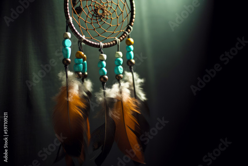 Close up of dream catcher on dark background with light coming in. Generative AI