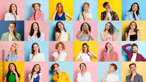 Collage made of portraits of different young people, men and women posing with thoughtful, dreaming faces over multicolored background. Human emotions, youth, lifestyle, facial expression concept. Ad