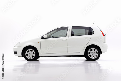 Small white car is parked in white studio area with white background. Generative AI