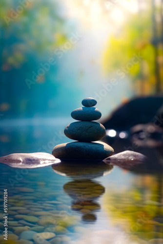 Stack of rocks sitting on top of table next to body of water. Generative AI