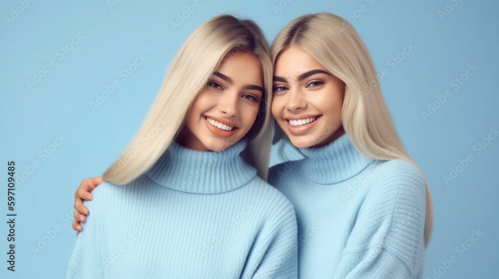Obraz premium Two happy young beautiful woman in blue sweater on blue background. Generative AI image