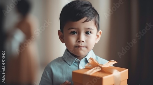 Beautiful little boy holding a gift box , Portrait child boy holding birthday gift box.AI-generated © DigitalMuseCreations