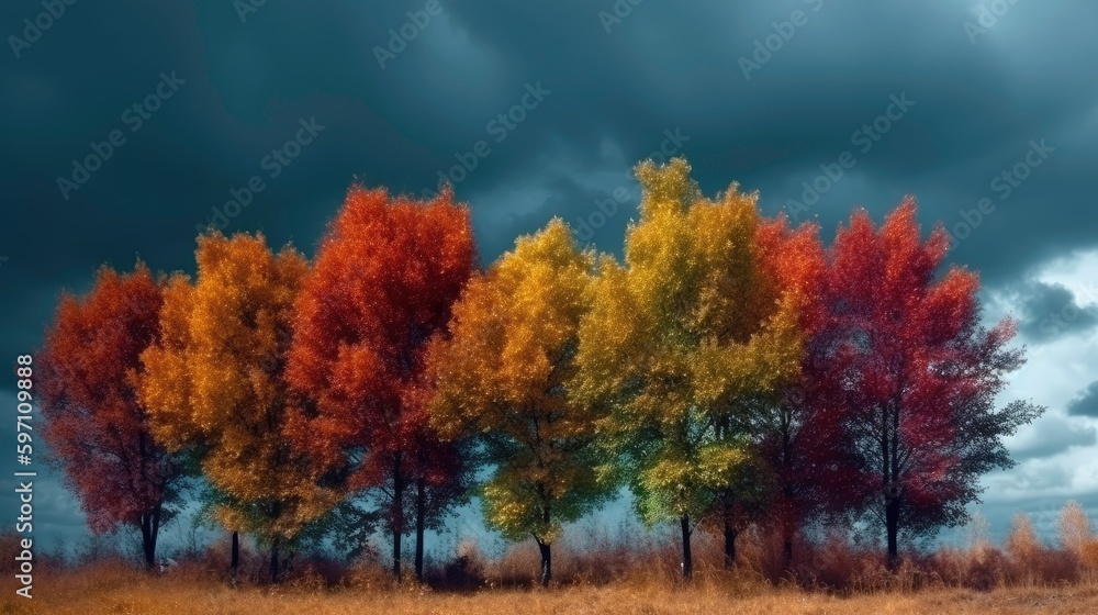 trees among the steppe in the autumn season. Generated by AI