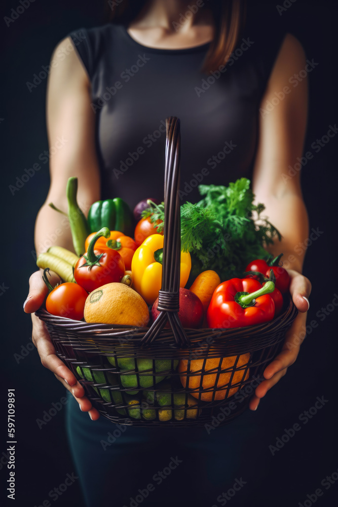 Person holding basket filled with lots of different types of fruits and vegetables. Generative AI