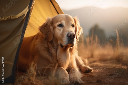 Medium shot portrait photography of a tired golden retriever camping against a pastel or soft colors background. With generative AI technology