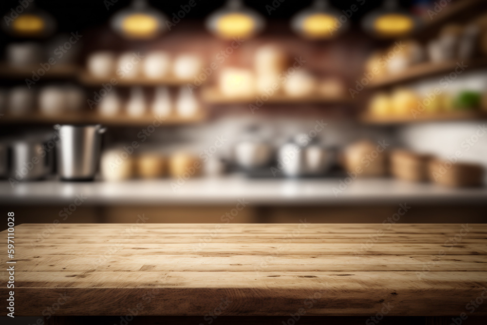 Macro closeup of a wooden table top with a blurred kitchen background. Generative AI Macro closeup of a wooden table top with a blurred kitchen background. Generative AI