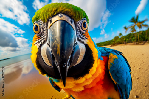 Colorful parrot standing on top of beach next to body of water. Generative AI