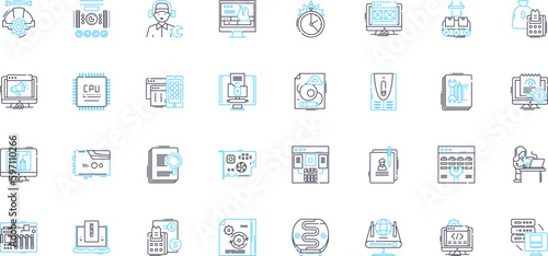 Software coding linear icons set. Programming, Algorithms, Debugging, Variables, Functions, Syntax, Loops line vector and concept signs. Engineering,Testing,Refactoring outline illustrations