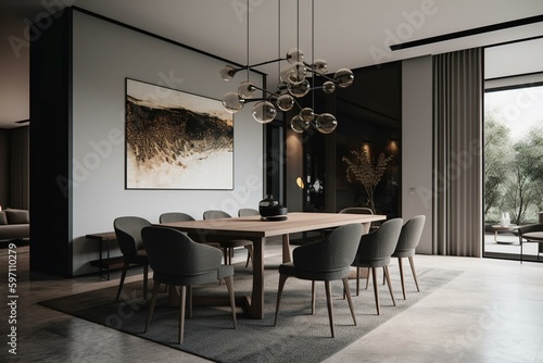 Sleek dining area with contemporary furnishings and decor. Generative AI