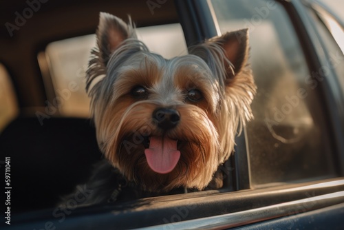 Lifestyle portrait photography of a happy yorkshire terrier sticking head out of a car window against a pastel or soft colors background. With generative AI technology © Markus Schröder