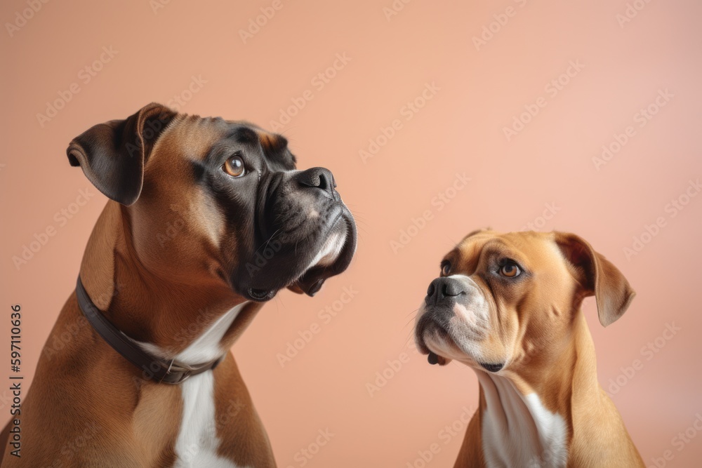 Group portrait photography of a curious boxer dog being with a pet cat against a pastel or soft colors background. With generative AI technology