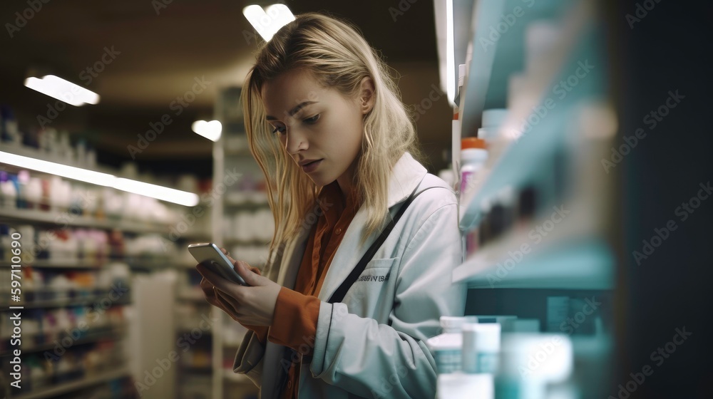 Woman using a tablet in a pharmacy.Generated by AI Woman using a tablet in a pharmacy.Generated by AI