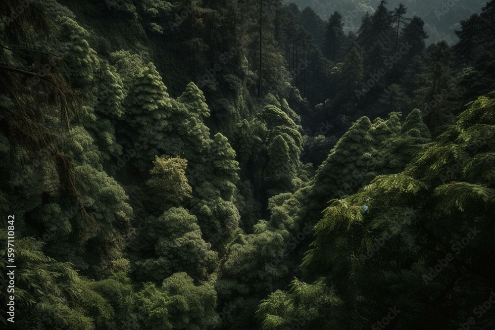 Lush evergreen woodland on mountainside wilderness. Generative AI