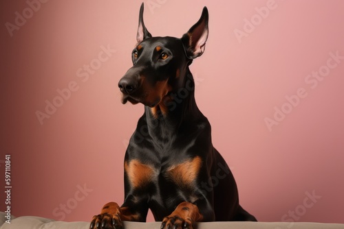 Medium shot portrait photography of an aggressive doberman pinscher having a paw print against a pastel or soft colors background. With generative AI technology