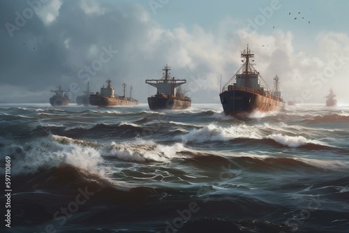 Digital oil paintings of ships amidst ocean scenery. Contemporary art. Generative AI