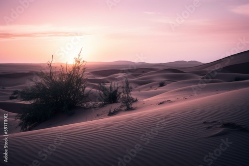 Desert sand dunes at dusk with a peaceful lilac gradient sky. Contemporary wallpaper. Generative AI
