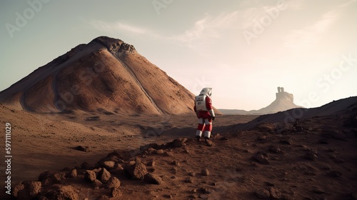 A lone astronaut in a bulky spacesuit stands in front of a towering Martian mountain, surrounded by a barren, rocky desert landscape with a red sky overhead, person in the mountains, Generative AI