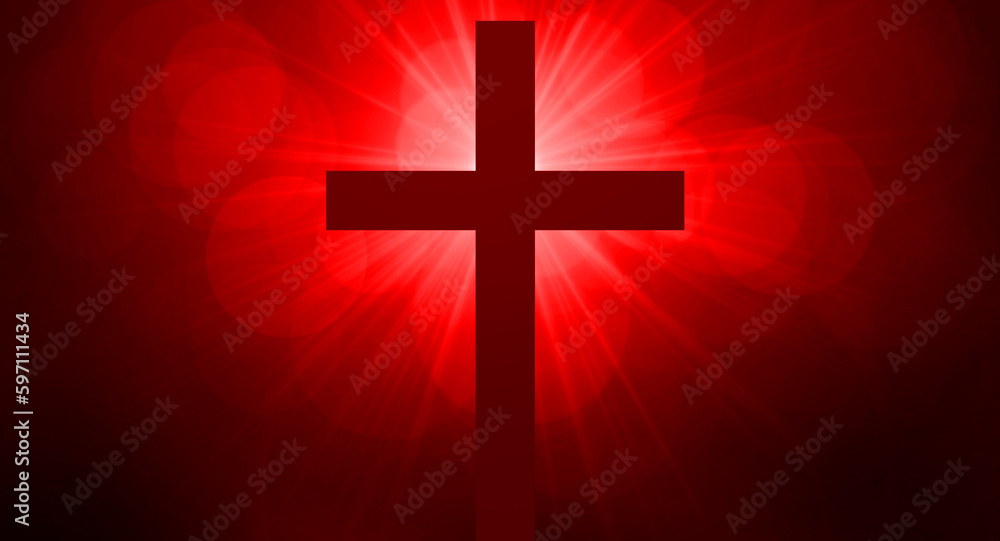 Obraz premium Cross surrounded by red sun rays. Easter and resurrection concept.