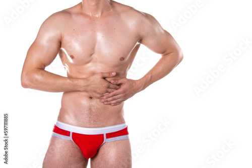 Health problems. Man and pain. White background. 