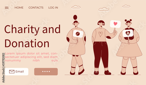 Donation and charity concept.web banner,card,infographic.girls holding posters with hearts.Simple vector illustration