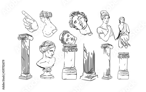 Hand drawn vector abstract outline,graphic,line greek ancient sculpture statue line art modern drawing set.Antique classic statues in trendy bohemian style,outline design concept.Antique statue logo.