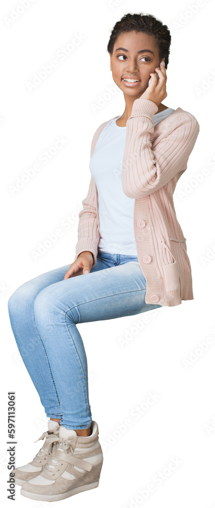 Young woman using phone isolated on white background