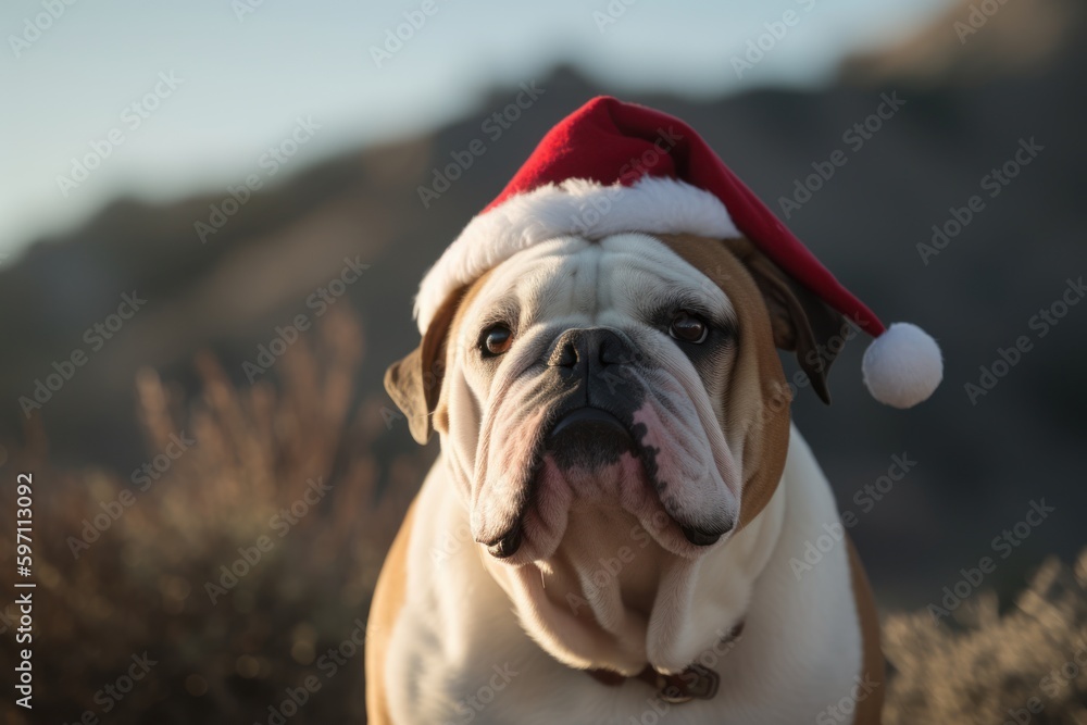 Medium shot portrait photography of a curious bulldog wearing a santa hat against national parks background. With generative AI technology