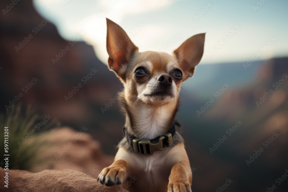 Lifestyle portrait photography of a curious chihuahua giving the paw against national parks background. With generative AI technology