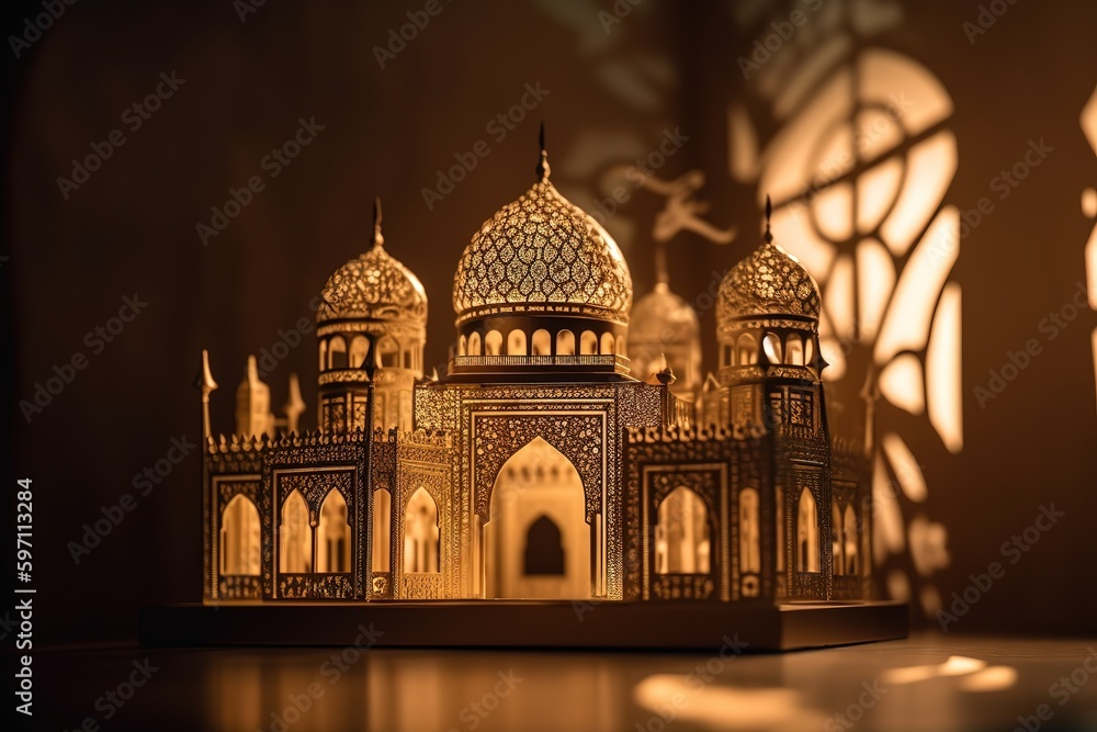 golden glossy luxury A colorful wooden mosque, Generative AI