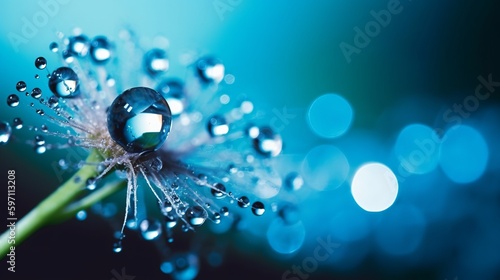 Transparent drops of water on a dandelion macro flower. Sparkling droplets water. Beautiful bright blue background..Generative AI