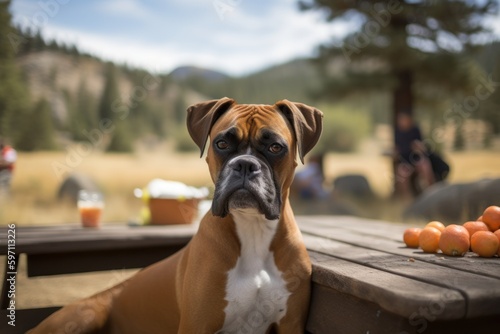 Environmental portrait photography of a curious boxer dog enjoying a picnic against national parks background. With generative AI technology