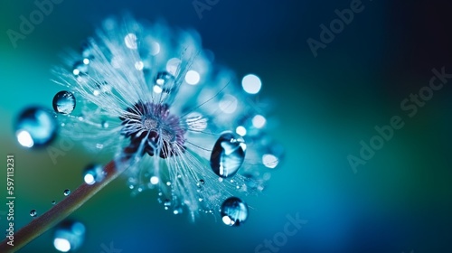 Transparent drops of water on a dandelion macro flower. Sparkling droplets water. Beautiful bright blue background..Generative AI