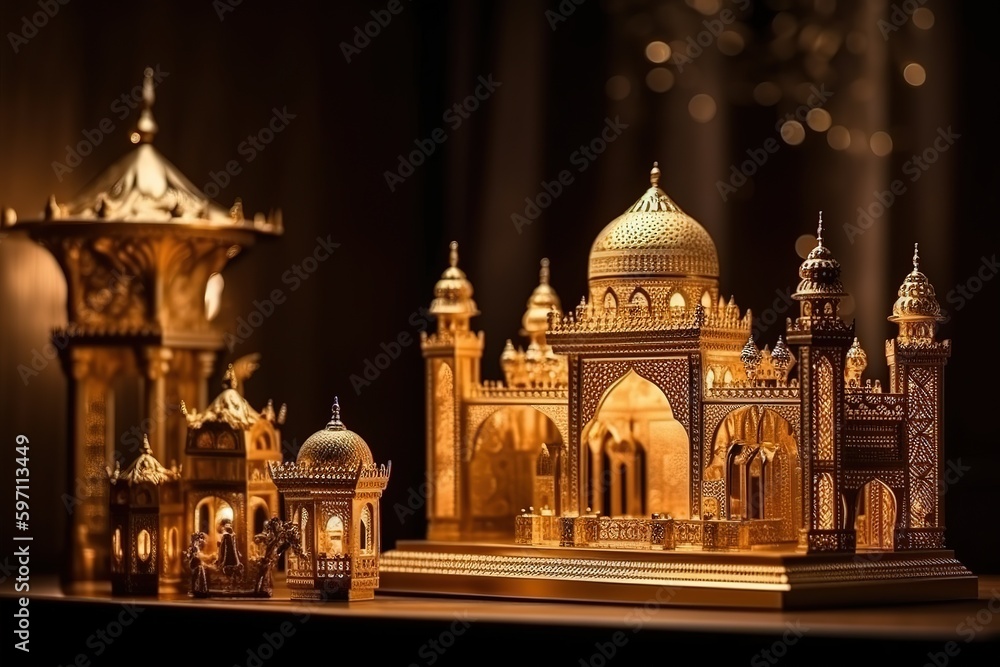 golden glossy luxury miniature mosque ,generative AI