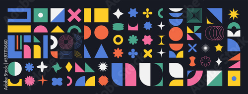 Brutalist abstract shapes, minimalist geometric elements, abstract bauhaus forms. Bauhaus design. Simple star, flower, oval, circle, and other primitive basic form. Swiss design aesthetic. 