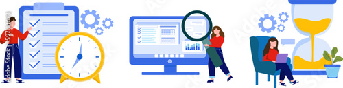 Work process. Set of vector illustrations about planning and performing tasks. Guy creates list of tasks, girl checks, woman develops. Fixation of project implementation, time control