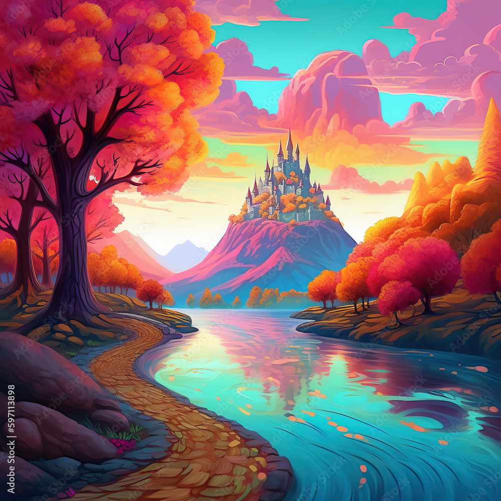 a beautiful colorful landscape illustration with a castle on the mountain. Fairy tale. A castle on the mountain. Crystal clear lake, long fields, mountains.