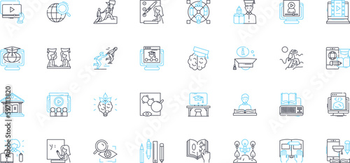 E-learning education linear icons set. Online, Interactive, Digital, Multimedia, Virtual, Remote, Blended line vector and concept signs. Responsive,Self-paced,Gamified outline illustrations