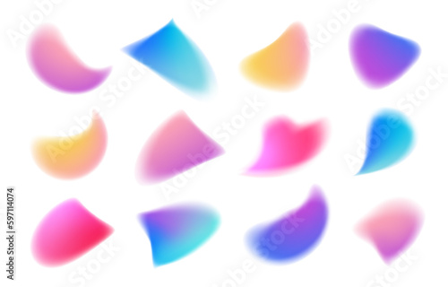 Y2k style blurred gradient abstract shapes set. Blurry organic shapes, aura aesthetic elements. Modern minimalist design elements with blur gradients. Vector illustration.