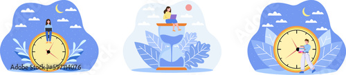 Accounting of working hours. Set of vector illustrations with characters. Day work, night shift, people work and study. Analog clock, hourglass monitor working hours. Color image in flat style