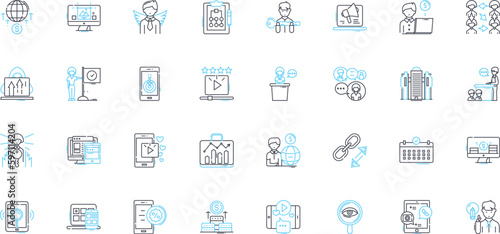 Digital strategy linear icons set. Analytics, Content, Data, Innovation, Optimization, Engagement, Channel line vector and concept signs. Segmentation,Automation,Personalization outline illustrations