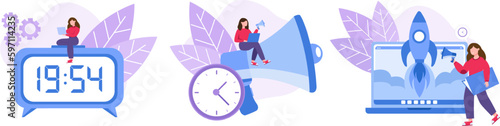 Reminder about work. Timely performance of task. Set of vector illustrations about support in work. Female characters, plan time management, remind about deadlines. Timely completion of project