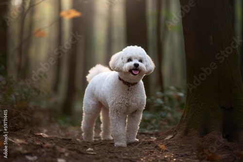 Full-length portrait photography of a happy bichon frise biting his tail against forests and woodlands background. With generative AI technology