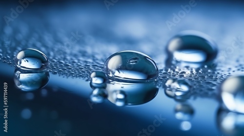 Beautiful large transparent water drops or rain water on blue soft background, macro with mirror reflection..Generative AI