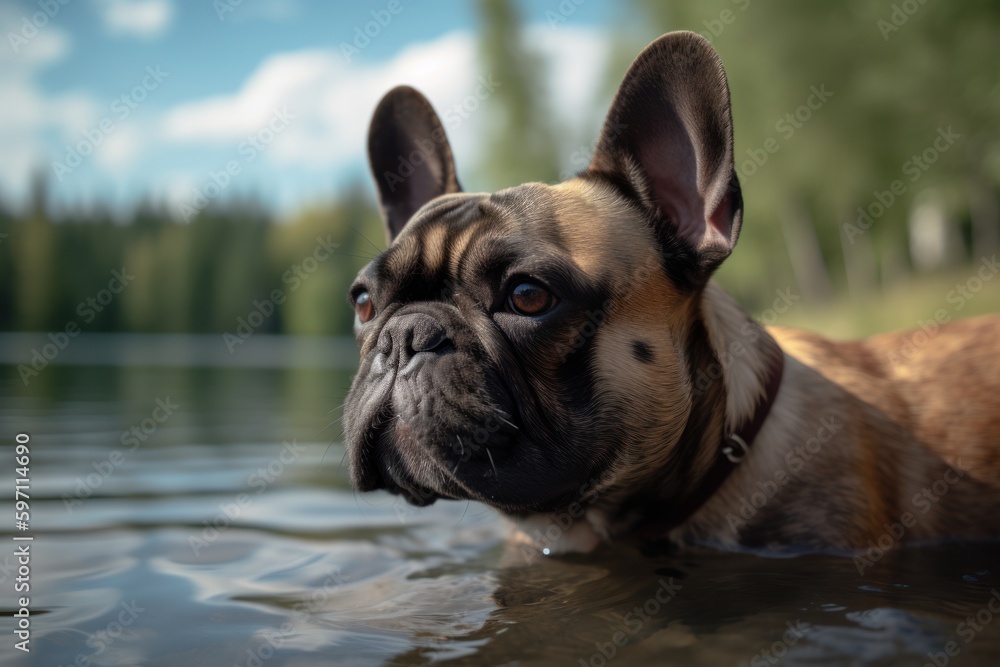 Environmental portrait photography of a curious french bulldog rolling against lakes and rivers background. With generative AI technology