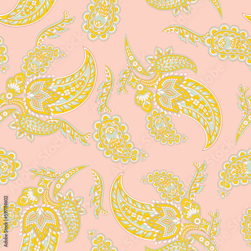 Hand drawn floral paisley seamless pattern. Batik style fabric
