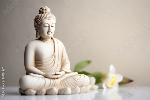 Buddha statue in meditation with lotus flower on light neutral background. Selective focus. Meditation  spiritual health  peace  searching zen concept. AI generated image