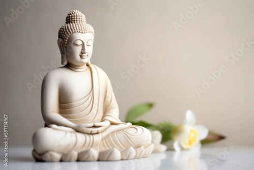 Buddha statue in meditation with lotus flower on light neutral background. Selective focus. Meditation, spiritual health, peace, searching zen concept. AI generated image