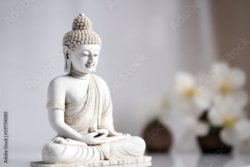 Buddha statue in meditation with lotus flower on light neutral background. Selective focus. Meditation  spiritual health  peace  searching zen concept. AI generated image