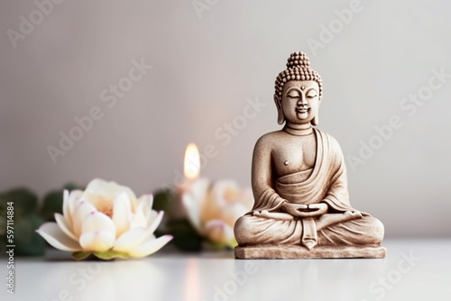 Buddha statue in meditation with lotus flower on light neutral background. Selective focus. Meditation  spiritual health  peace  searching zen concept. AI generated image